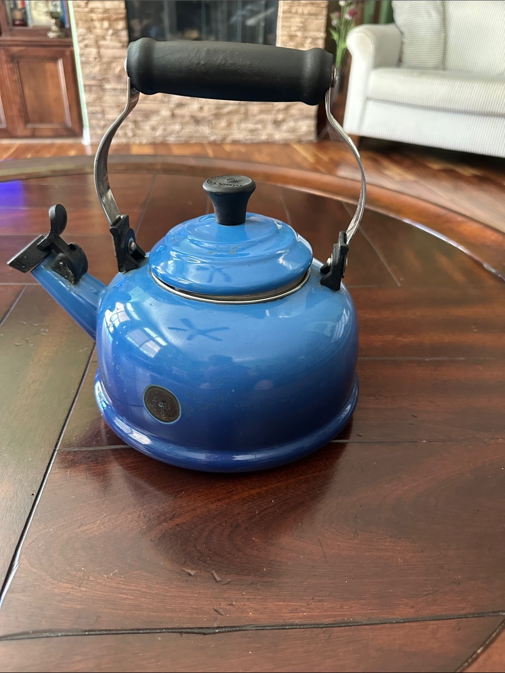Le Creuset Blue Enamel Whistling Tea Kettle with Black Handle